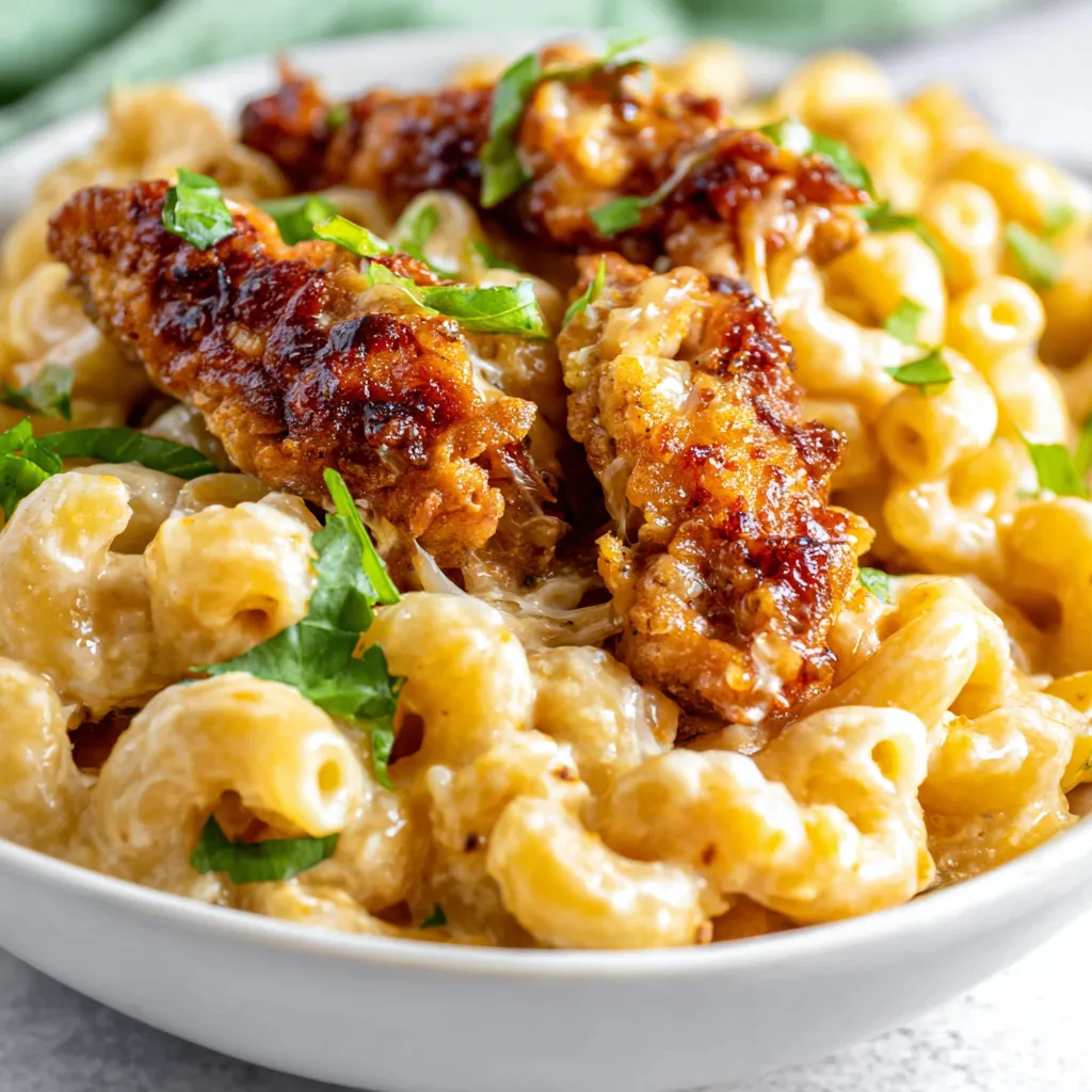 Honey Pepper Chicken Mac and Cheese, close-up. Creamy, cheesy macaroni with chicken and pepper.