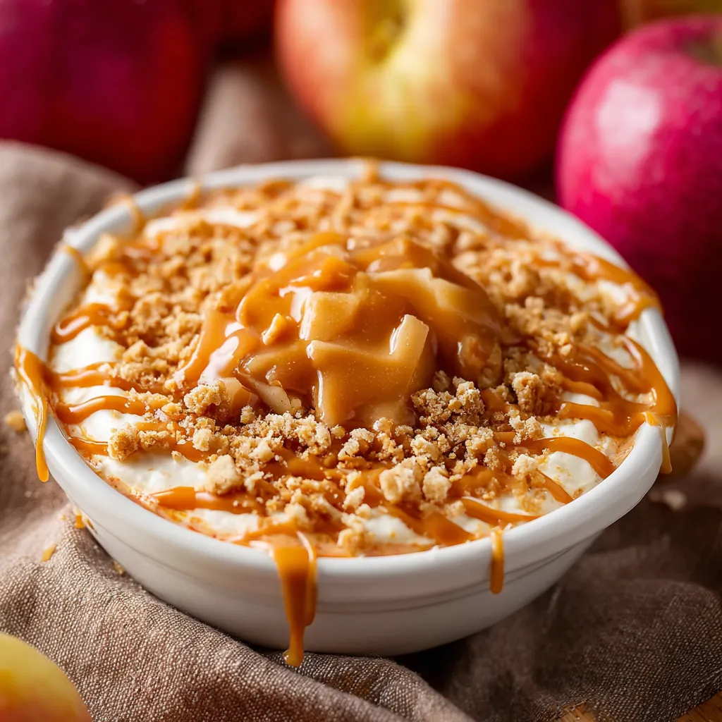 Creamy caramel apple dip in a bowl, ready to eat. Perfect fall dessert!