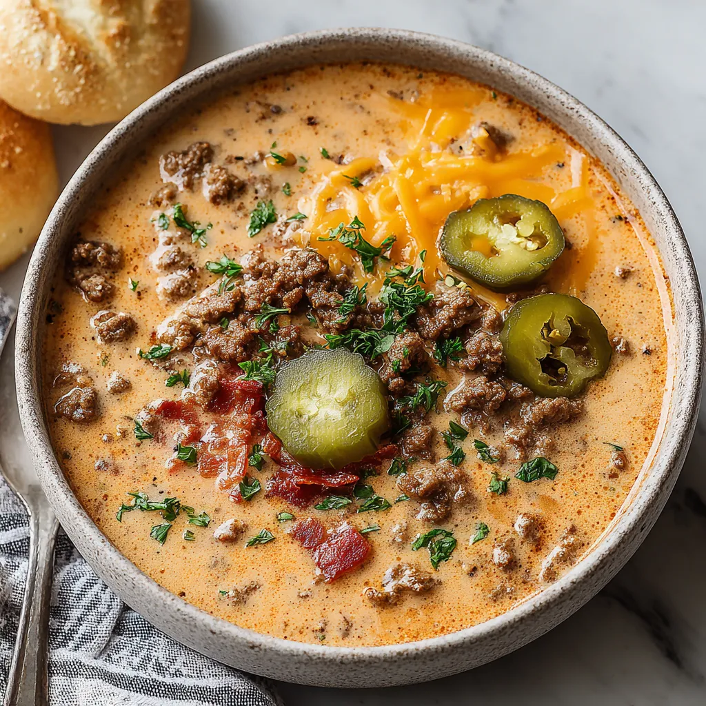 Keto Cheeseburger Soup in a bowl. Creamy, cheesy, low carb meal.