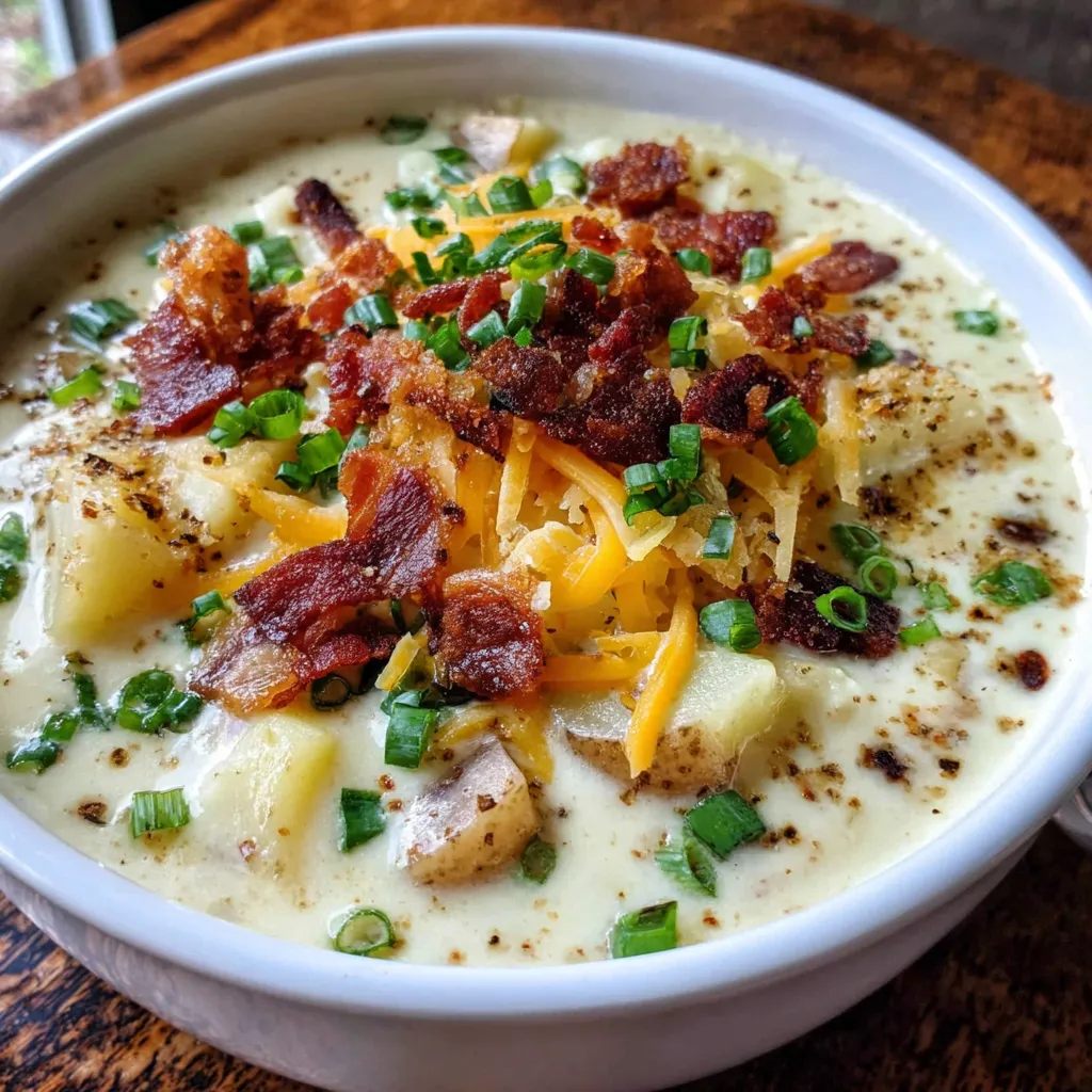 Creamy loaded baked potato soup topped with bacon, cheese, and chives.