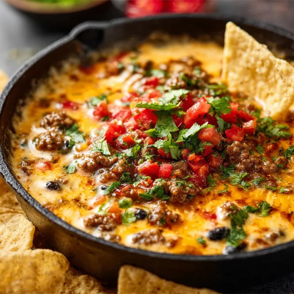 Cowboy Queso Dip: Creamy cheese dip with ground beef, pico de gallo, and jalapeños.