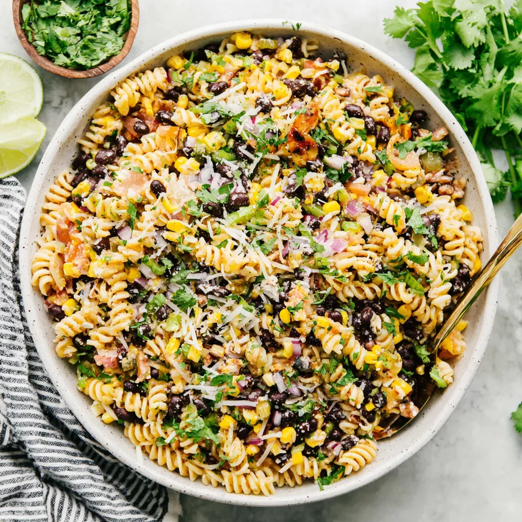 Creamy street corn pasta salad with grilled corn, cilantro, and cotija cheese.