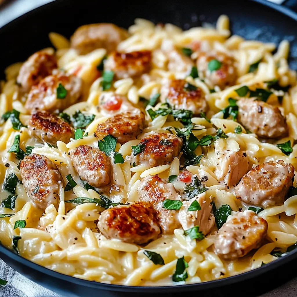 Creamy chicken sausage orzo in a skillet. One-pan meal ready to eat.