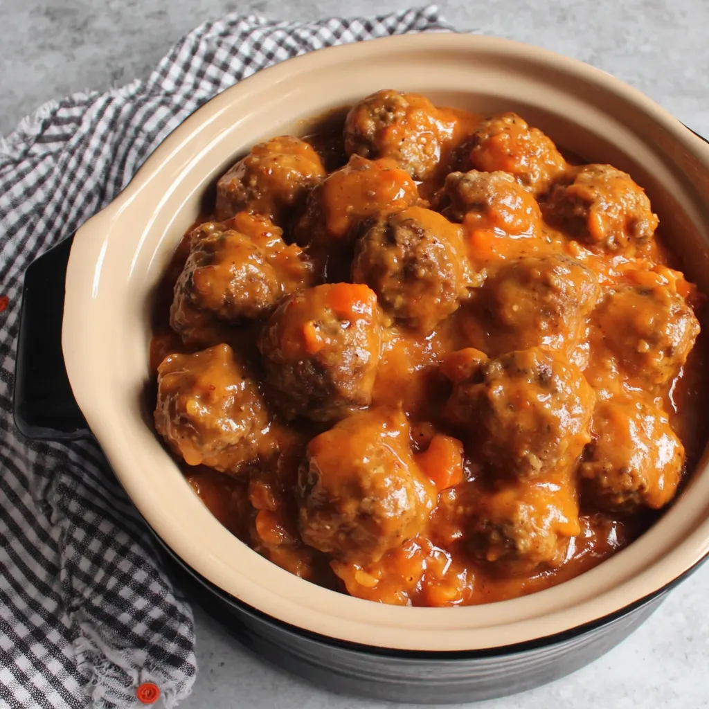 Close-up of saucy peach crockpot meatballs in a slow cooker.