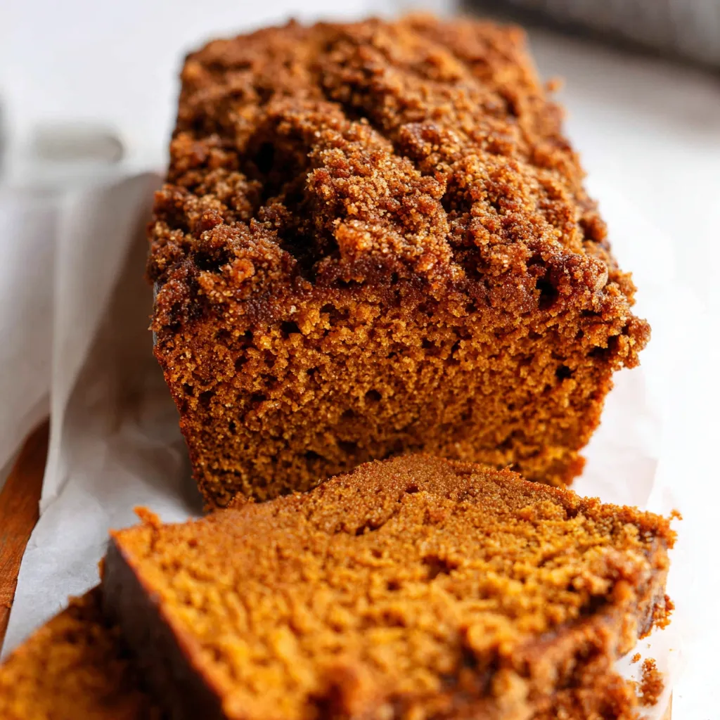 Streusel Pumpkin Bread: Close-up of a sliced loaf with crumb topping.