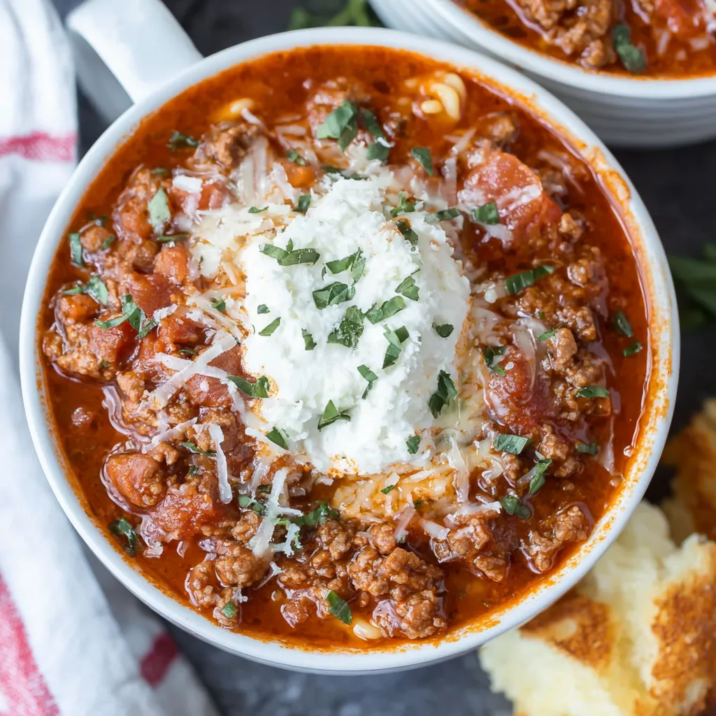 High protein lasagna soup in a bowl. Italian soup with meat, cheese, and pasta.