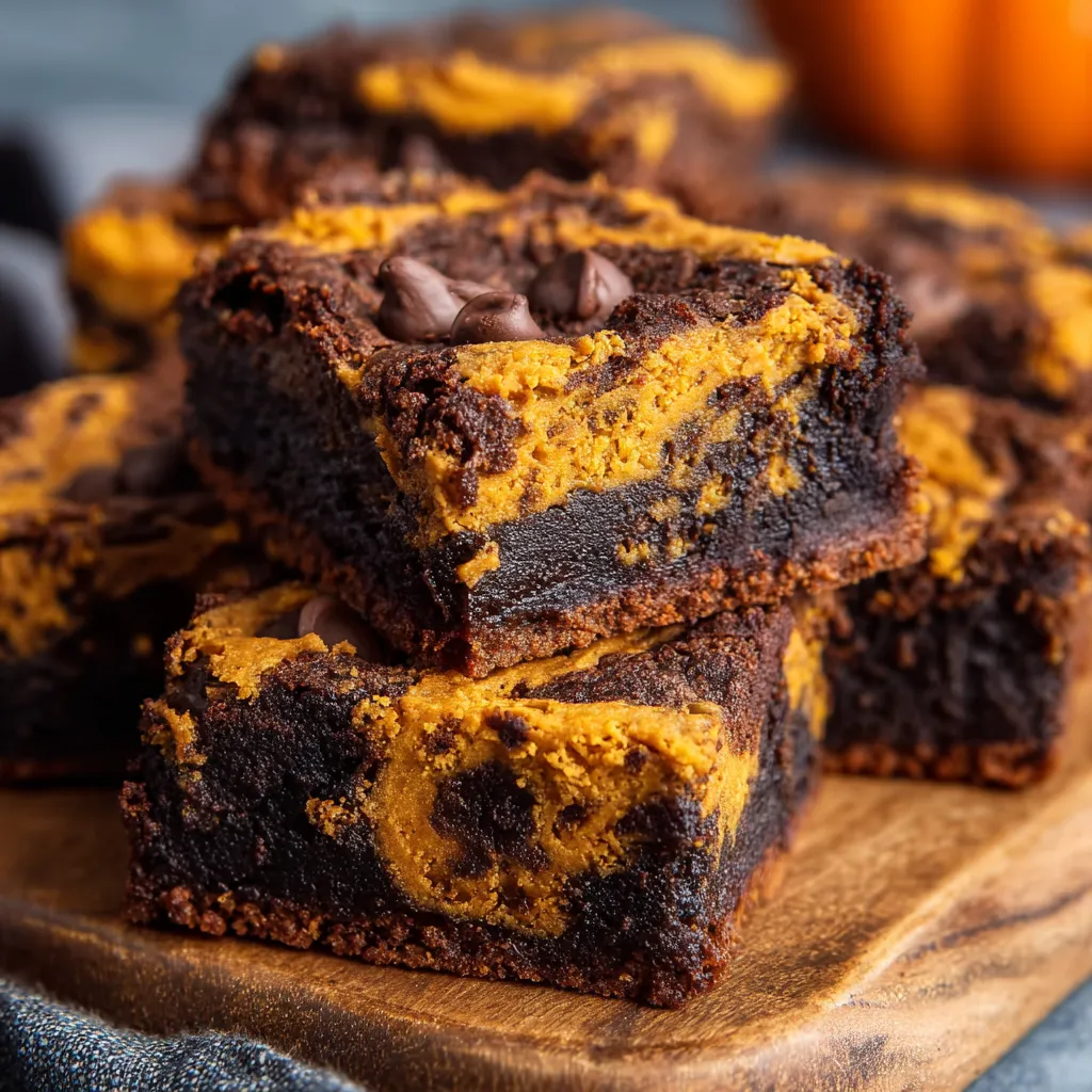Close-up of a fudgy, easy pumpkin brownie square.