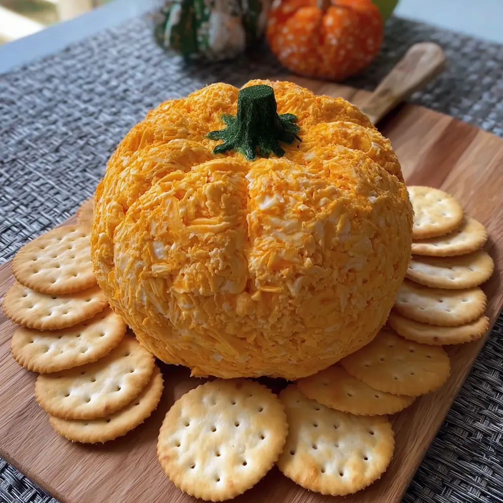 Pumpkin cheese ball appetizer, close-up of festive fall snack.