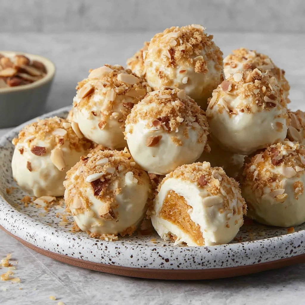 No bake pumpkin cheesecake balls ready to eat. Delicious fall dessert!