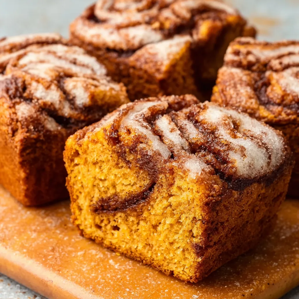 Cinnamon swirl pumpkin bread mini loaves, a close-up view.