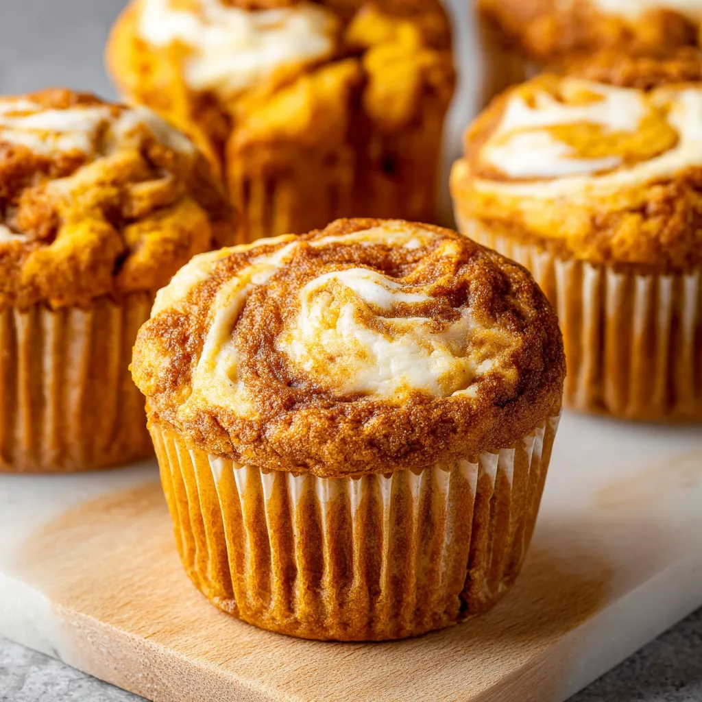 Pumpkin cream cheese swirl muffin. Delicious fall baked good.