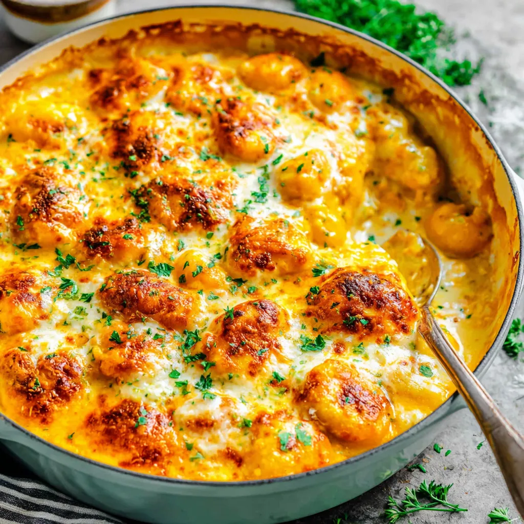Creamy pumpkin gnocchi bake with browned cheese topping.