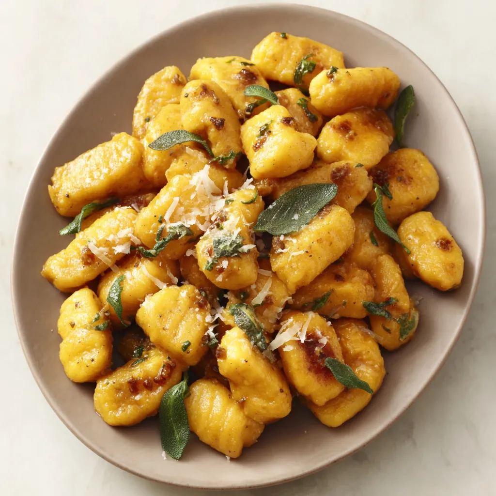 Homemade pumpkin gnocchi with brown butter sage sauce, ready to eat.