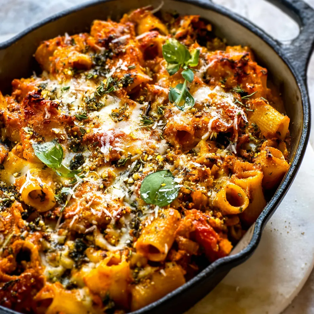 Close-up of a cheesy pumpkin-tomato pasta bake, bubbling and golden brown.