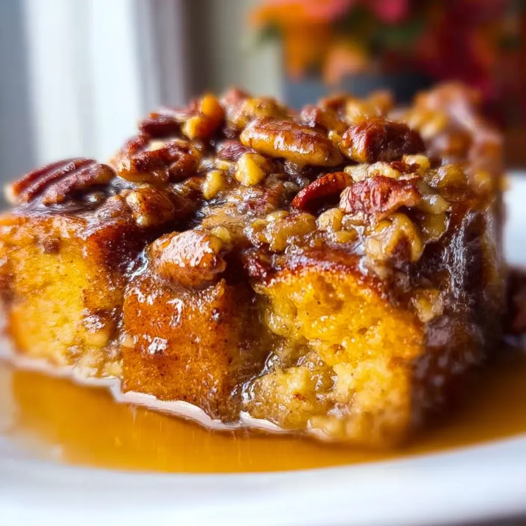 Pumpkin Praline Bread Pudding. Close-up of warm, baked dessert with pecans.