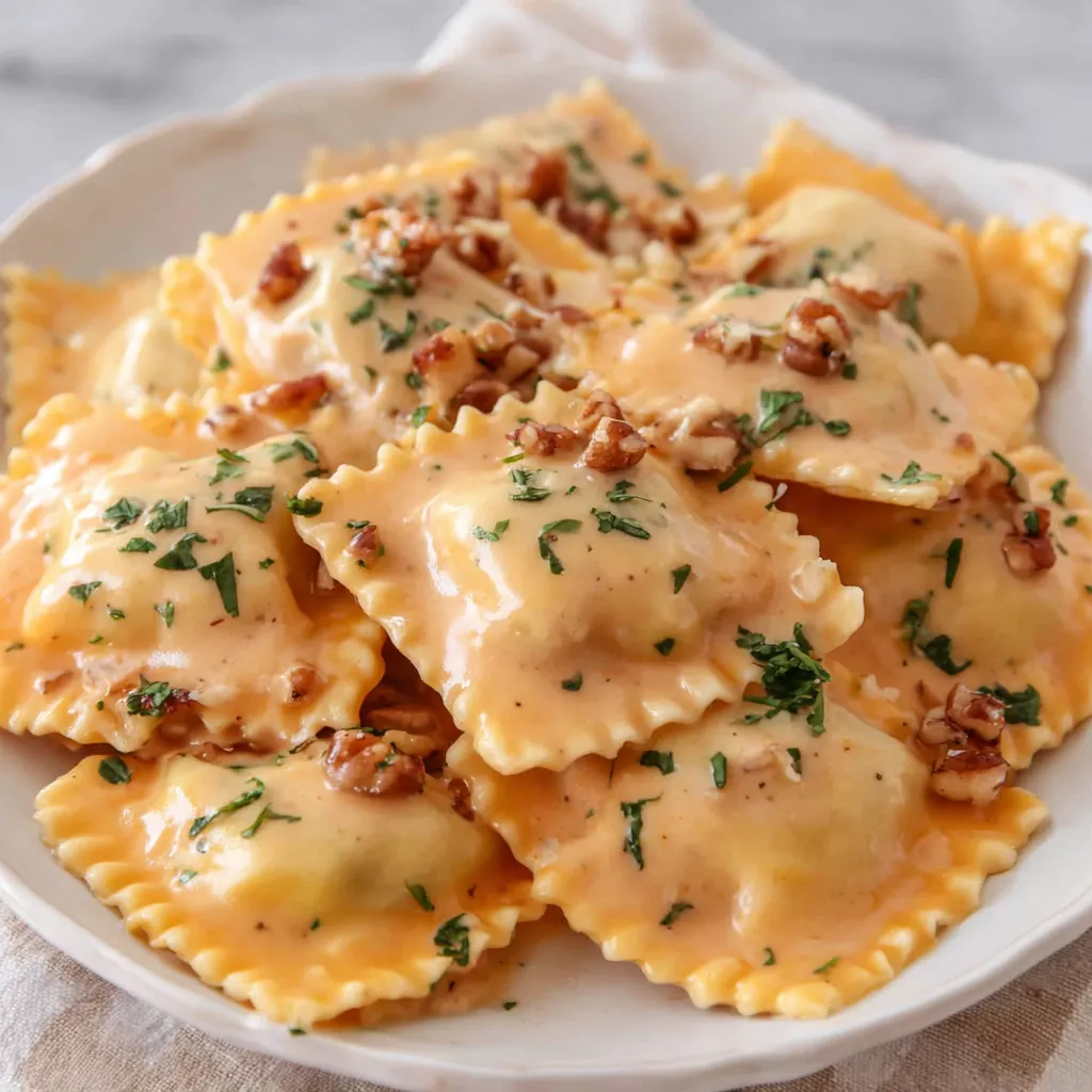 Pumpkin ravioli with Amaretto cream sauce, ready to eat.
