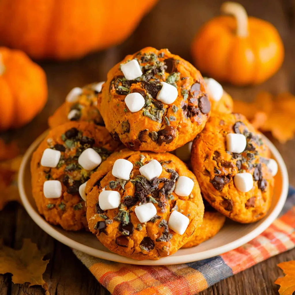 Pumpkin s'mores cookies: gooey marshmallow and chocolate on pumpkin cookie.