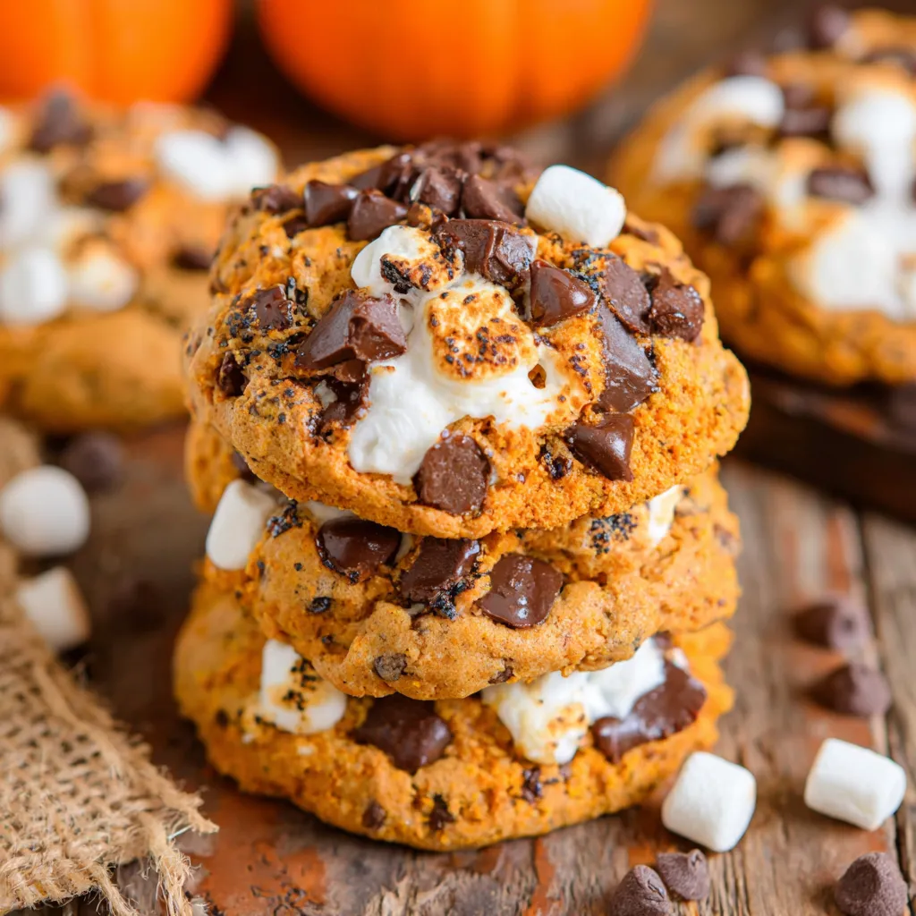 Pumpkin s'mores cookies: Marshmallow and chocolate chips melt on a pumpkin cookie.