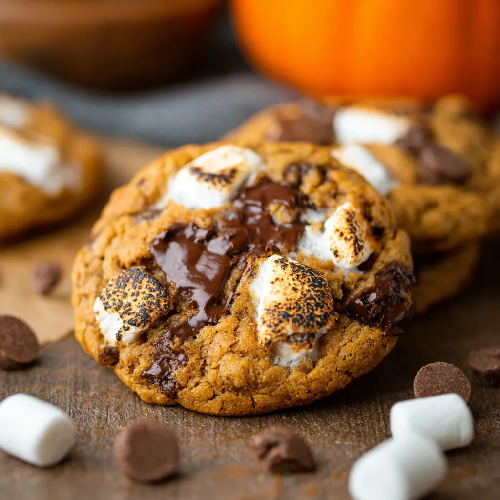 Pumpkin S'mores Cookies: Gooey marshmallow and chocolate on a pumpkin cookie.
