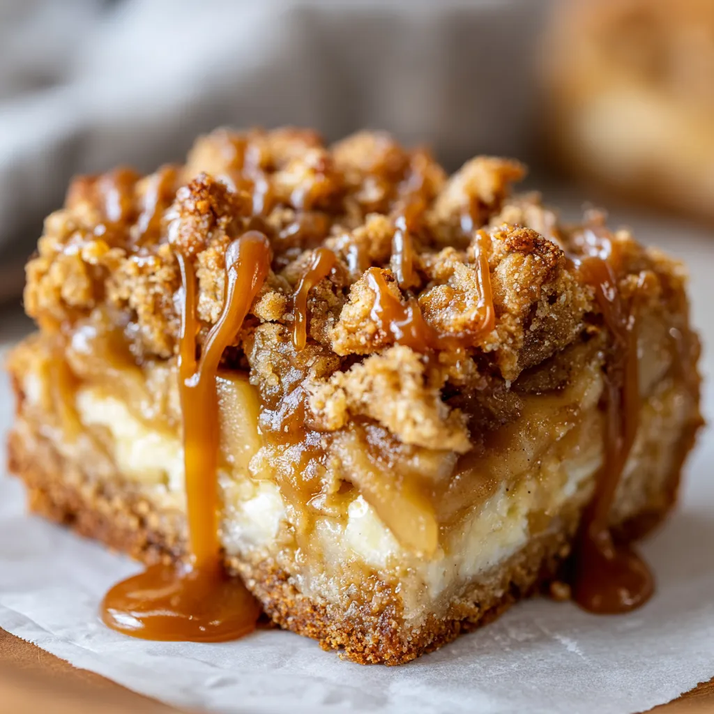 Salted caramel apple pie bars, sliced and ready to eat.