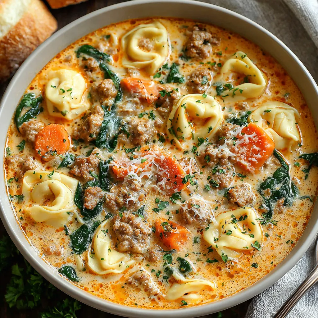 Creamy sausage tortellini soup in a bowl.