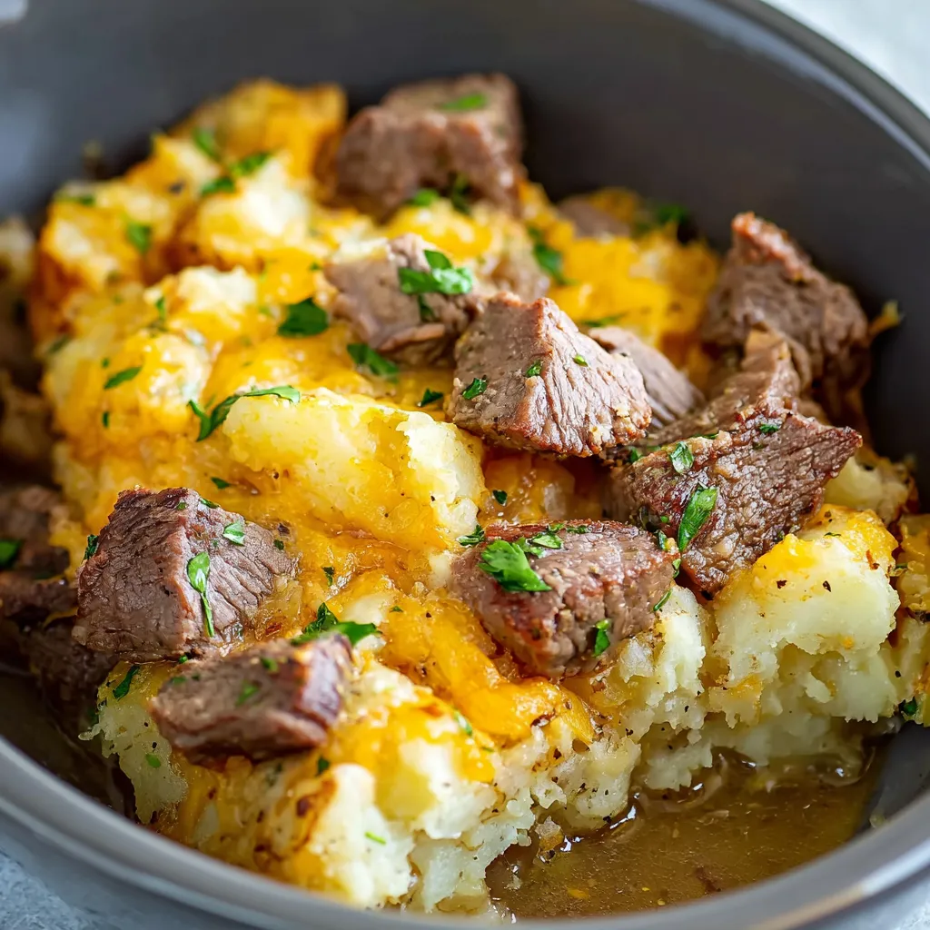 Slow cooker steak and cheddar potato casserole, ready to serve.