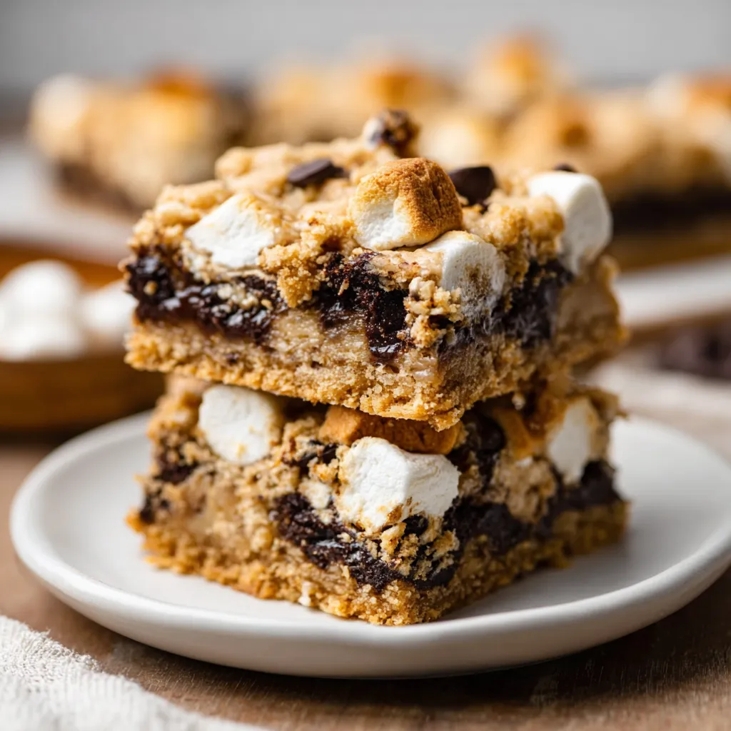 Close-up of gooey S'mores Cookie Bars, marshmallow and chocolate melting.