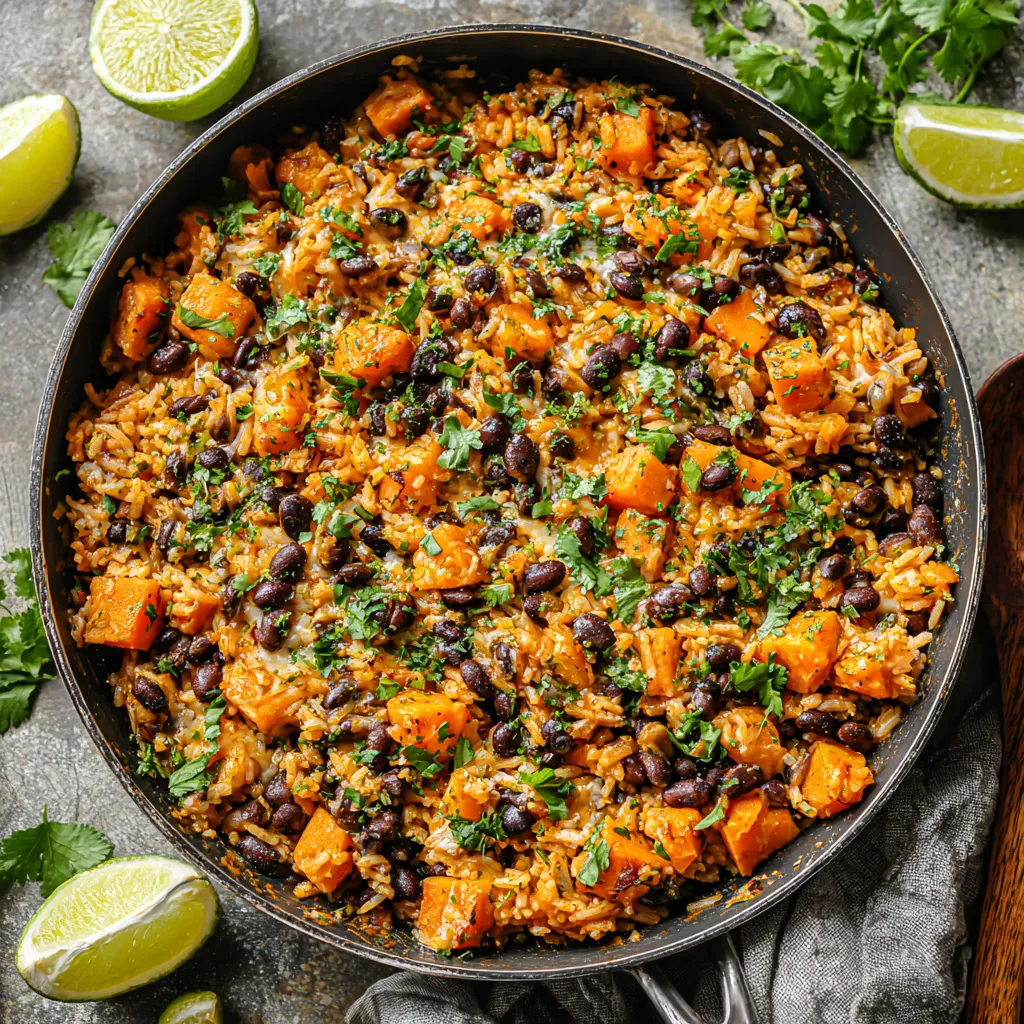 Southwest skillet with sweet potato, black beans, and rice.