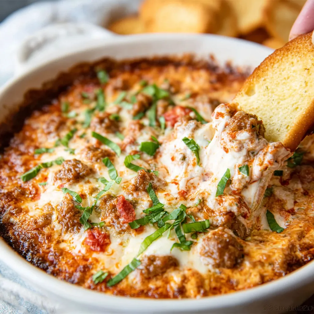 Spicy Italian sausage dip in a skillet, ready to serve.