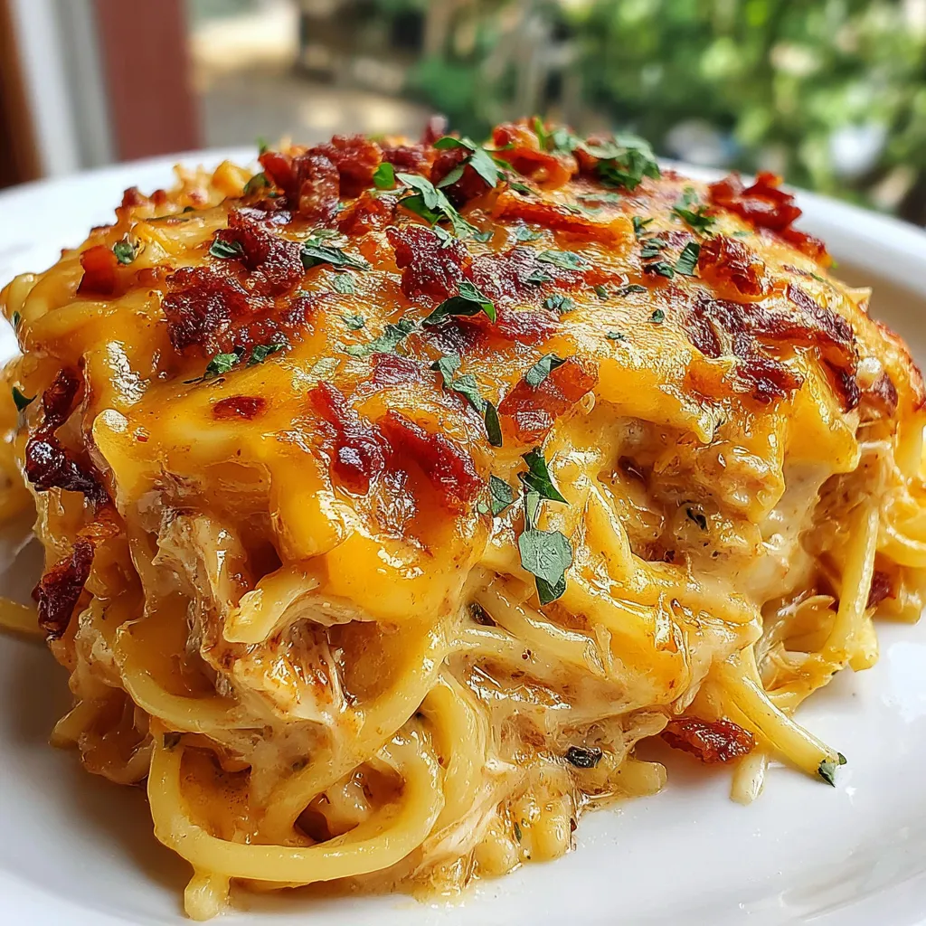 Spicy Southern chicken spaghetti casserole, bubbling hot and cheesy.