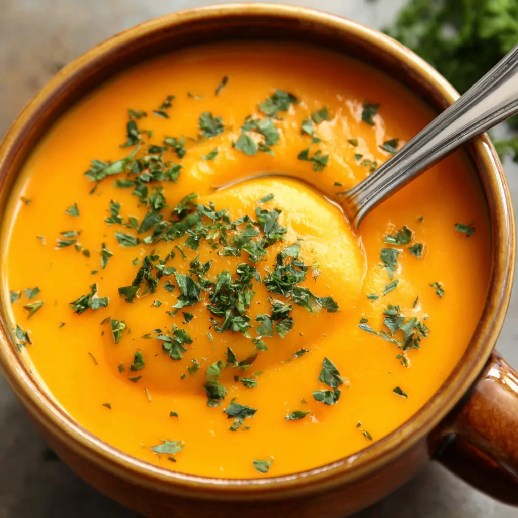 Spicy butternut squash sweet potato soup in a bowl, garnished with herbs.