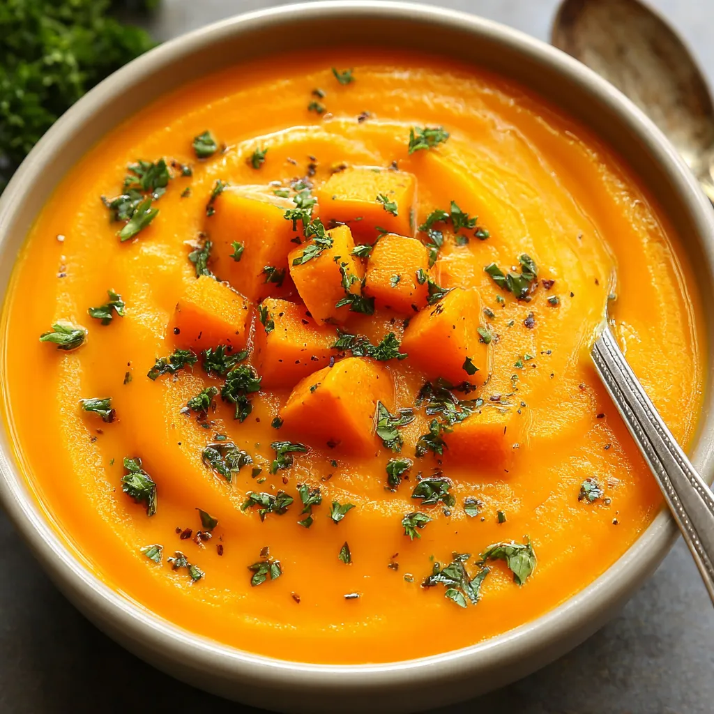 Spicy butternut squash and sweet potato soup in a bowl, ready to eat.