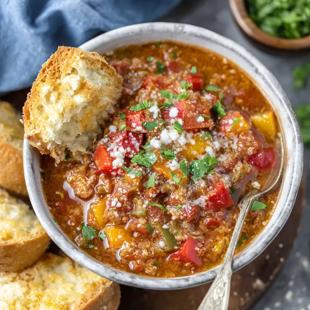 High protein stuffed pepper soup in a red bowl.