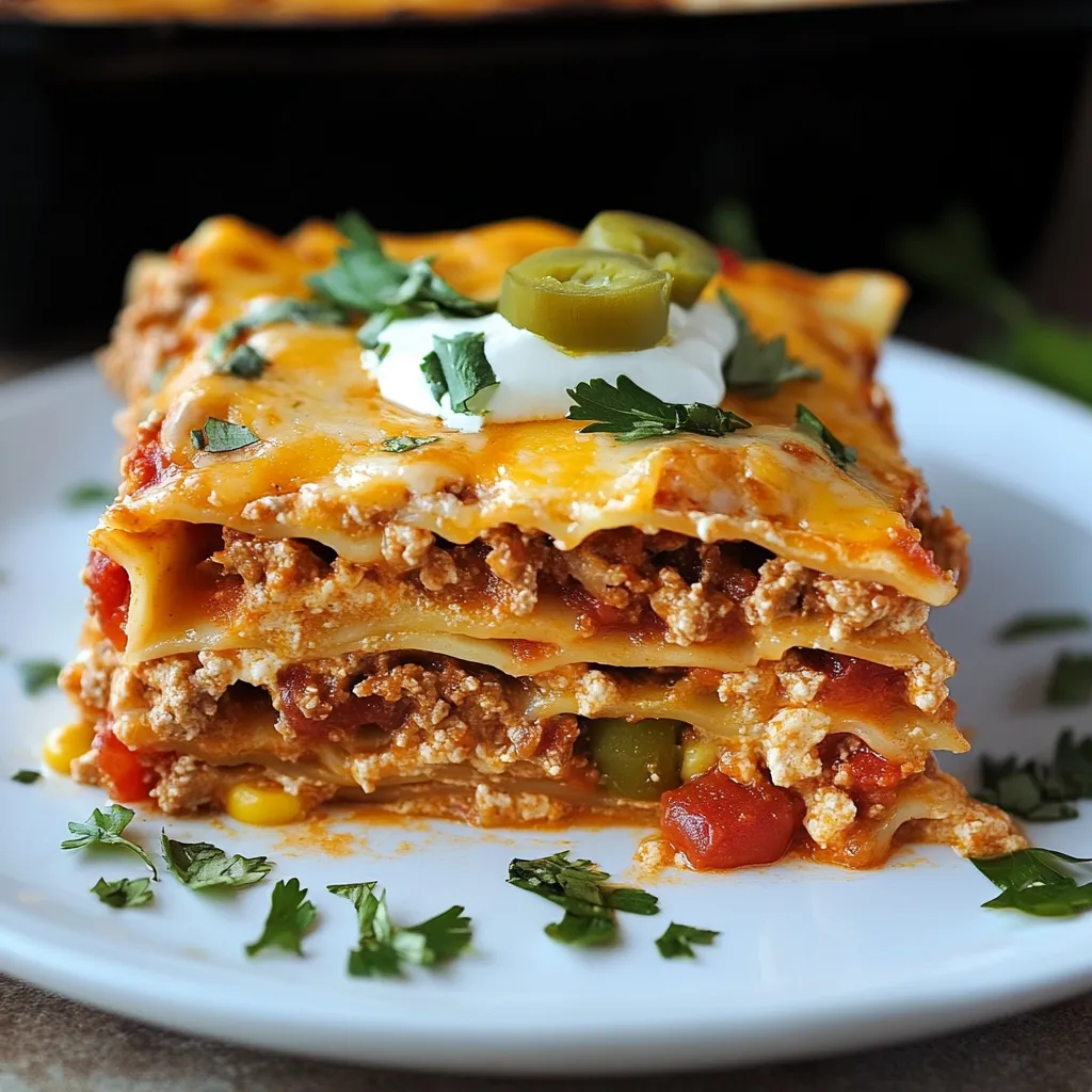 Layered taco lasagna with beef, cheese, tortillas, and toppings. Delicious taco lasagna recipe!