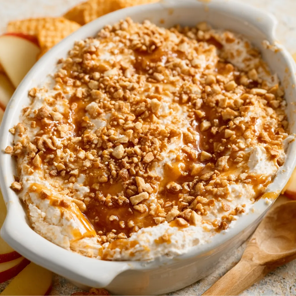 Cream cheese caramel apple dip with toffee bits, ready to eat.