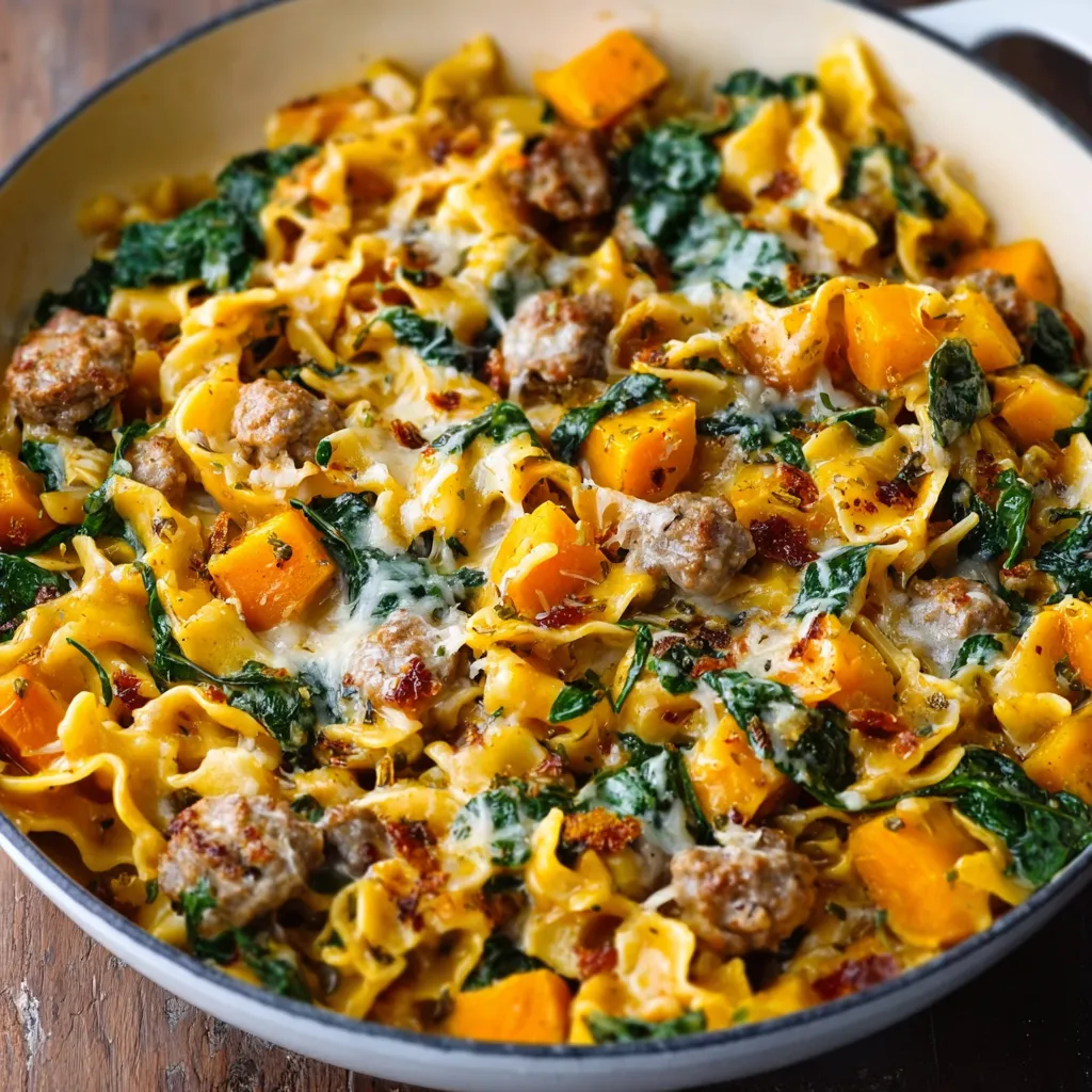 Creamy butternut squash pasta with sausage and spinach in a bowl.