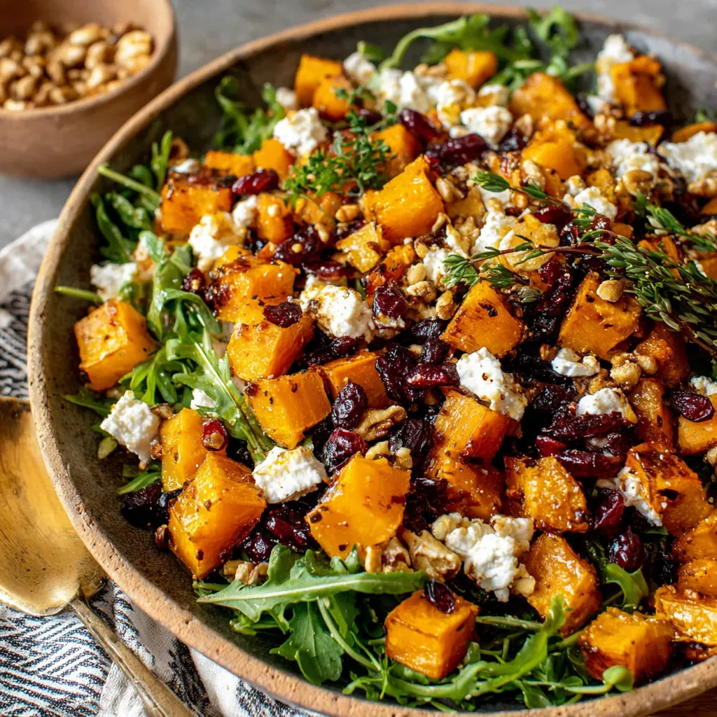 Butternut squash feta salad. Roasted squash, crumbled feta, and greens close-up.