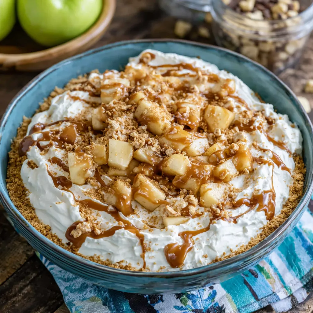 Caramel apple cheesecake dip with sliced apples for dipping.