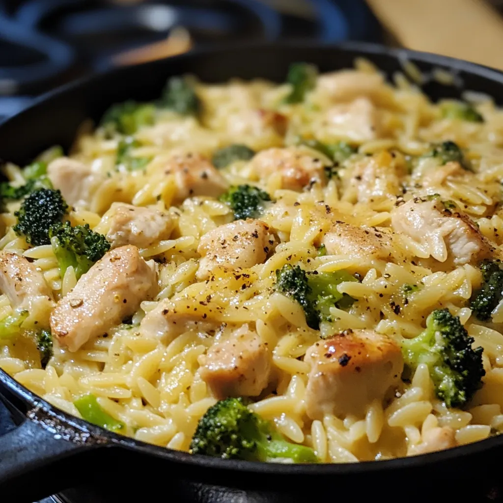 Cheesy chicken broccoli orzo in bowl. Creamy comfort food meal.
