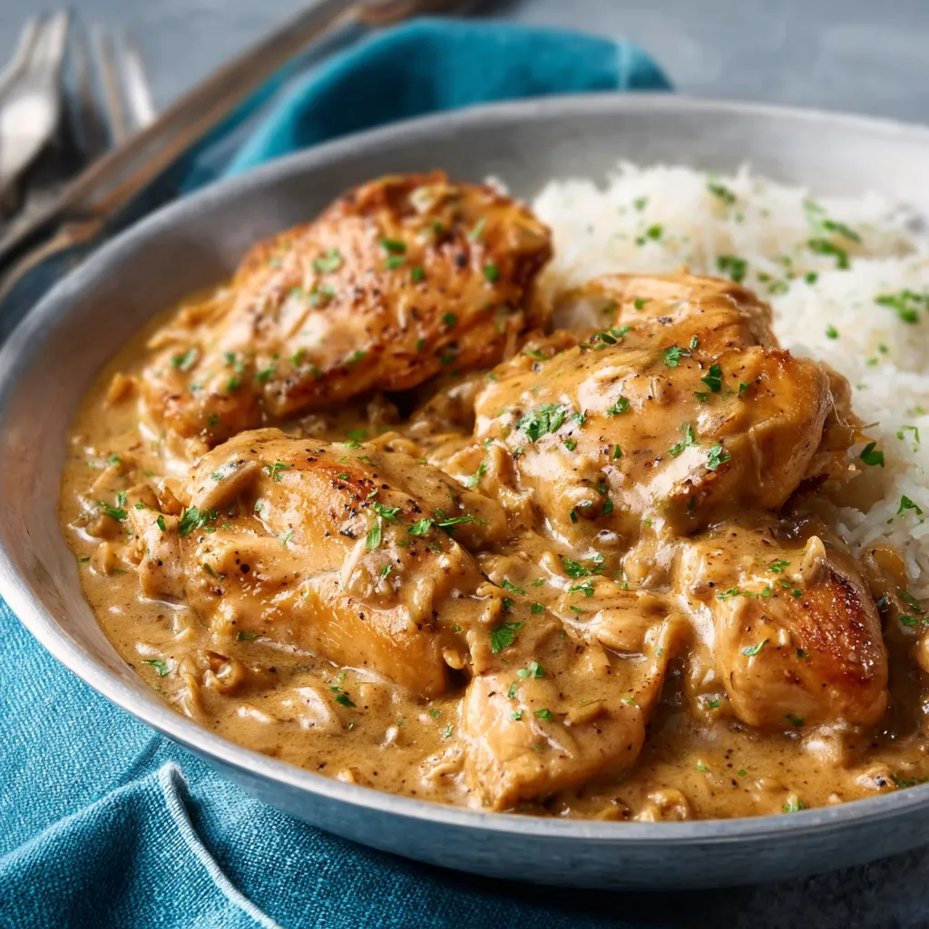 Creamy chicken and gravy stovetop: Tender chicken simmering in rich, homemade gravy.