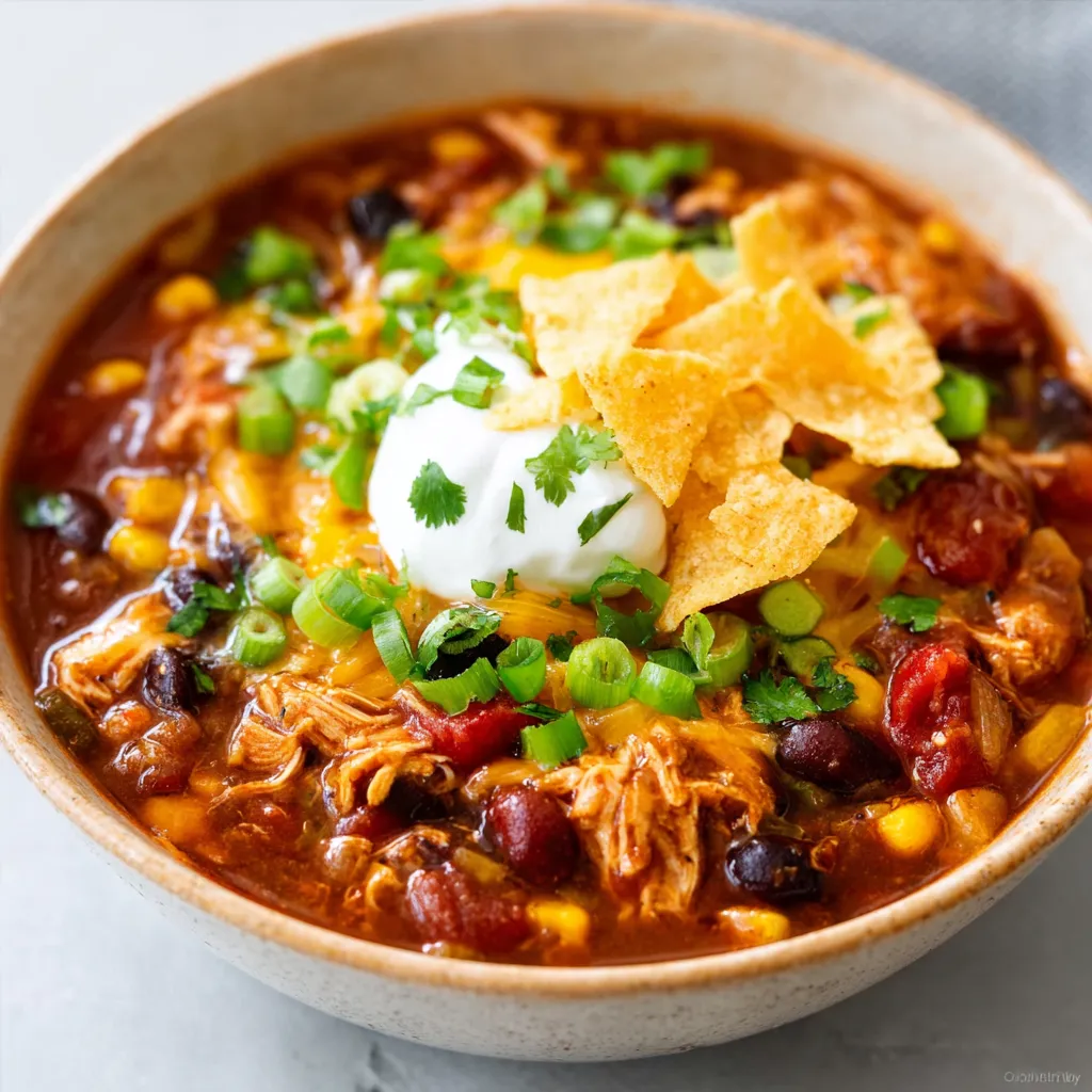 Chicken taco soup in bowl. Easy recipe, flavorful, and delicious.