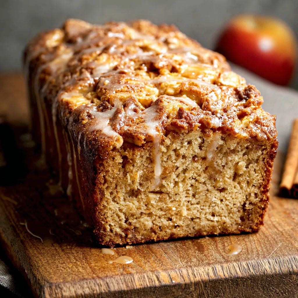 Cinnamon apple bread slice on a plate. Delicious homemade autumn treat.