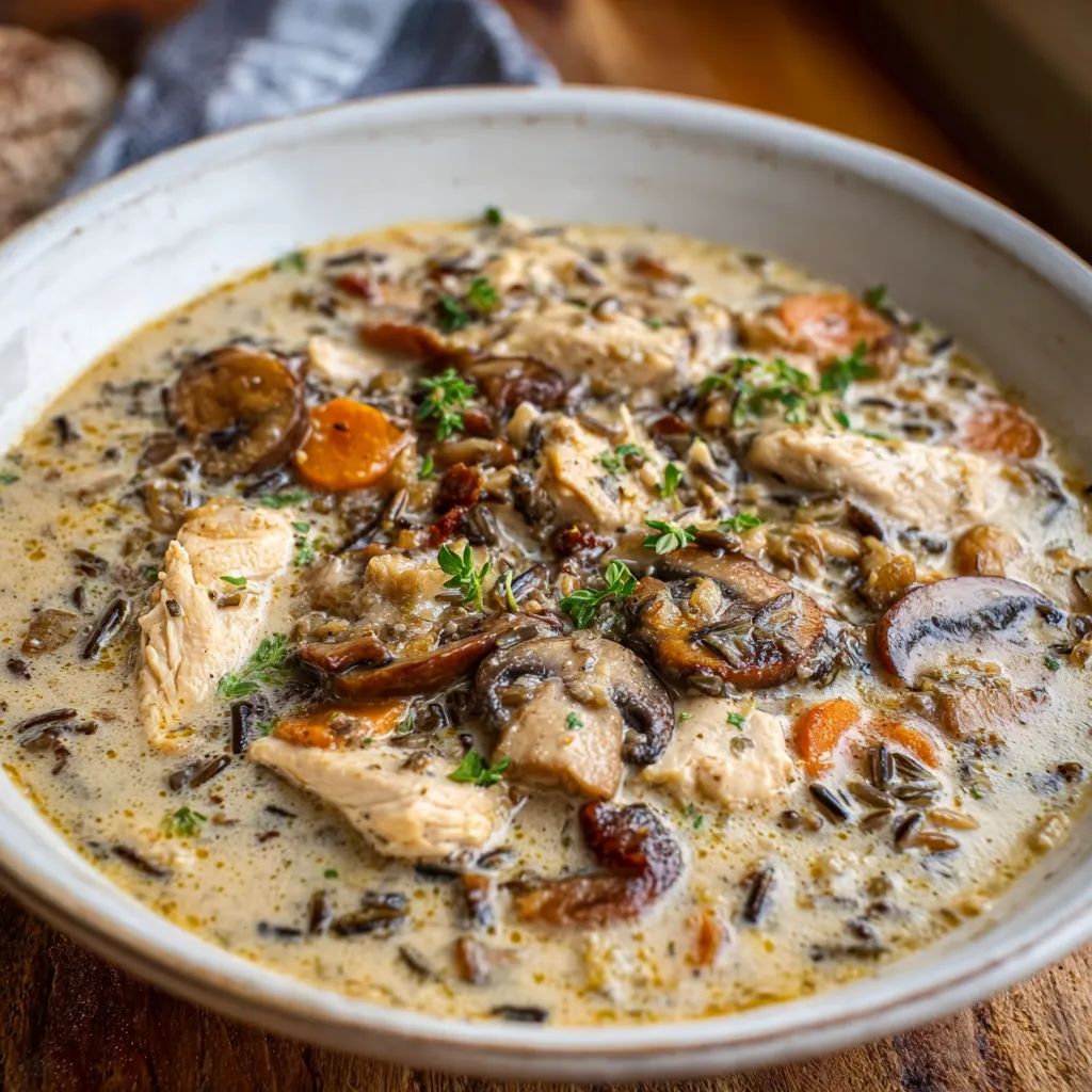 Creamy mushroom chicken and wild rice soup in a bowl.