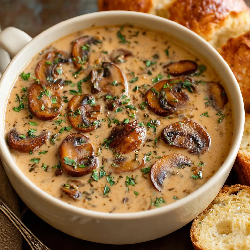 Creamy mushroom soup in a white bowl, garnished with herbs.
