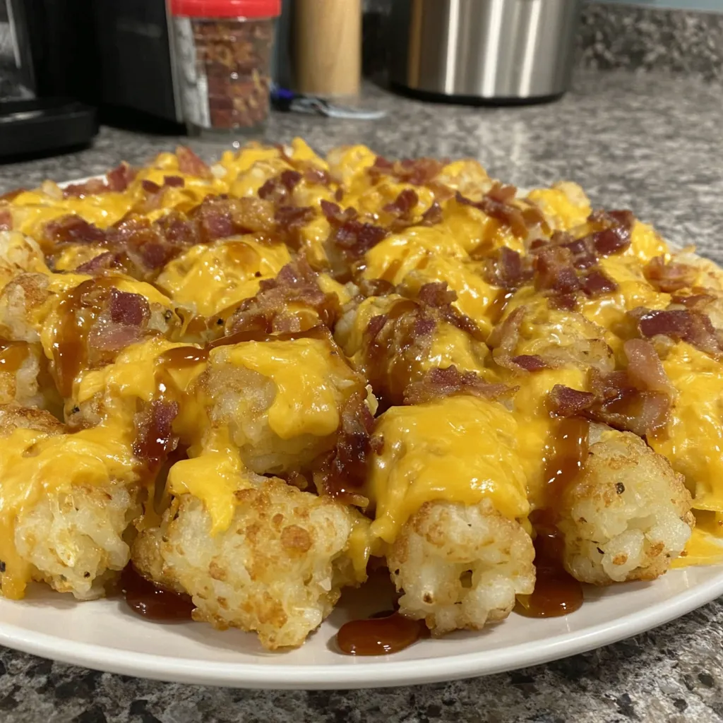 Loaded tater tots piled high with cheese, bacon, and sour cream.