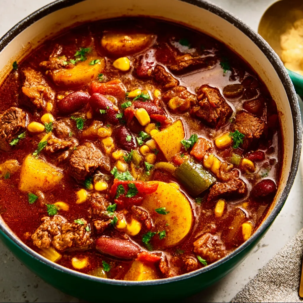 Hearty cowboy stew in a bowl. Close-up shows beef, potatoes, and vegetables.