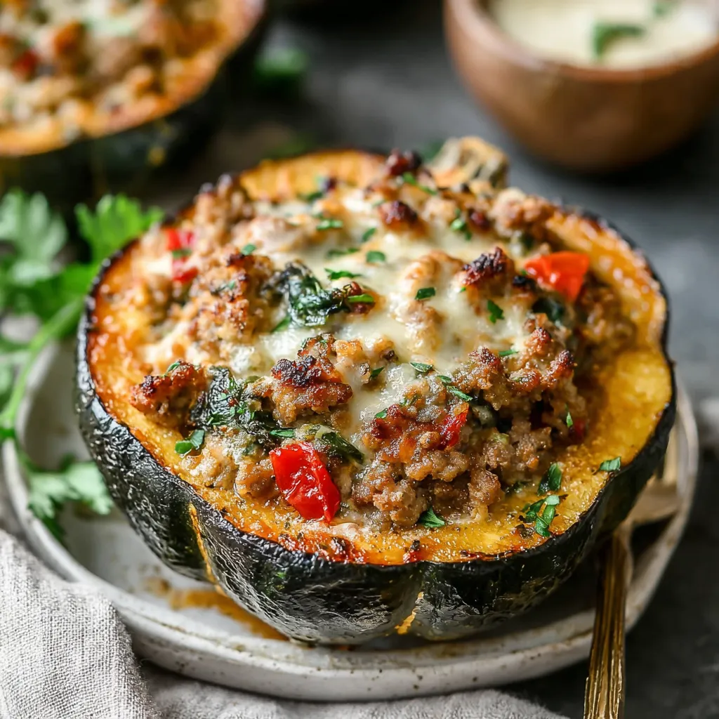 Sausage-stuffed acorn squash, ready to eat. Comfort food recipe.