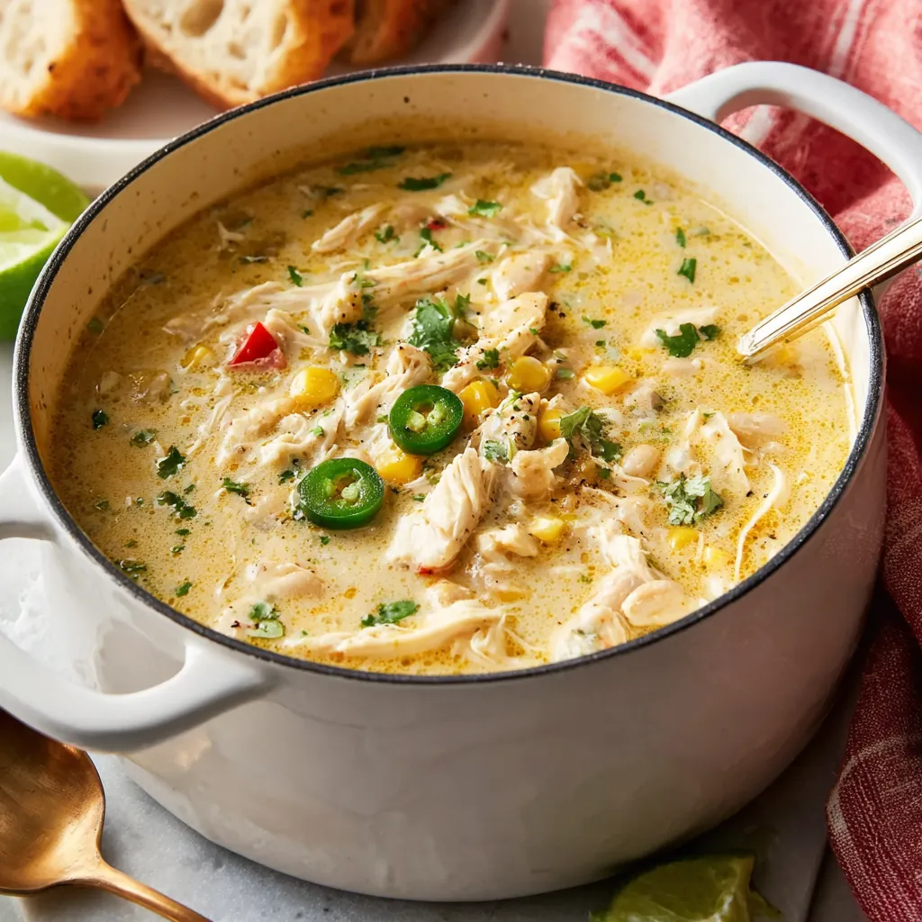 Creamy white chicken chili in a white bowl. Delicious, hearty comfort food.