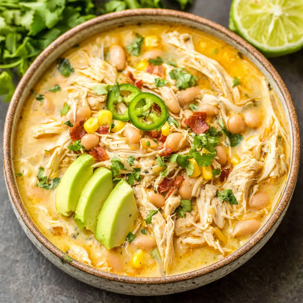 Creamy white chicken chili in a white bowl. Easy comfort food recipe.