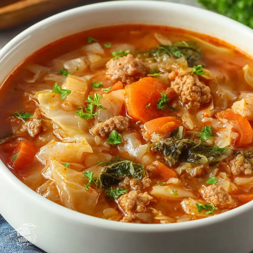 Cabbage roll soup in a bowl, showing beef, cabbage, and tomato broth.